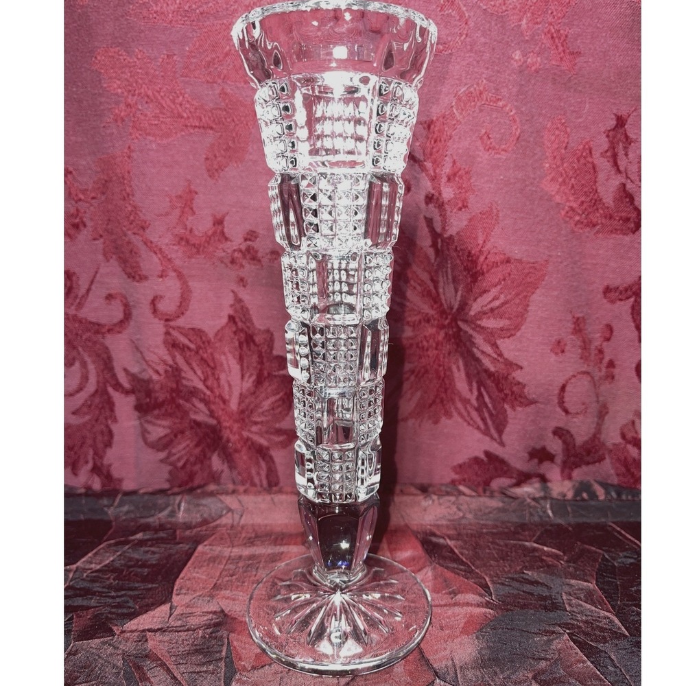 Vintage Global Crystal Bud Vase 24% Lead Crystal West Germany 8in Block Pattern